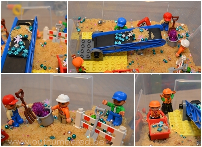 Originele spel activiteit voor kinderen met een Duplo bouwwerf scene in een doos